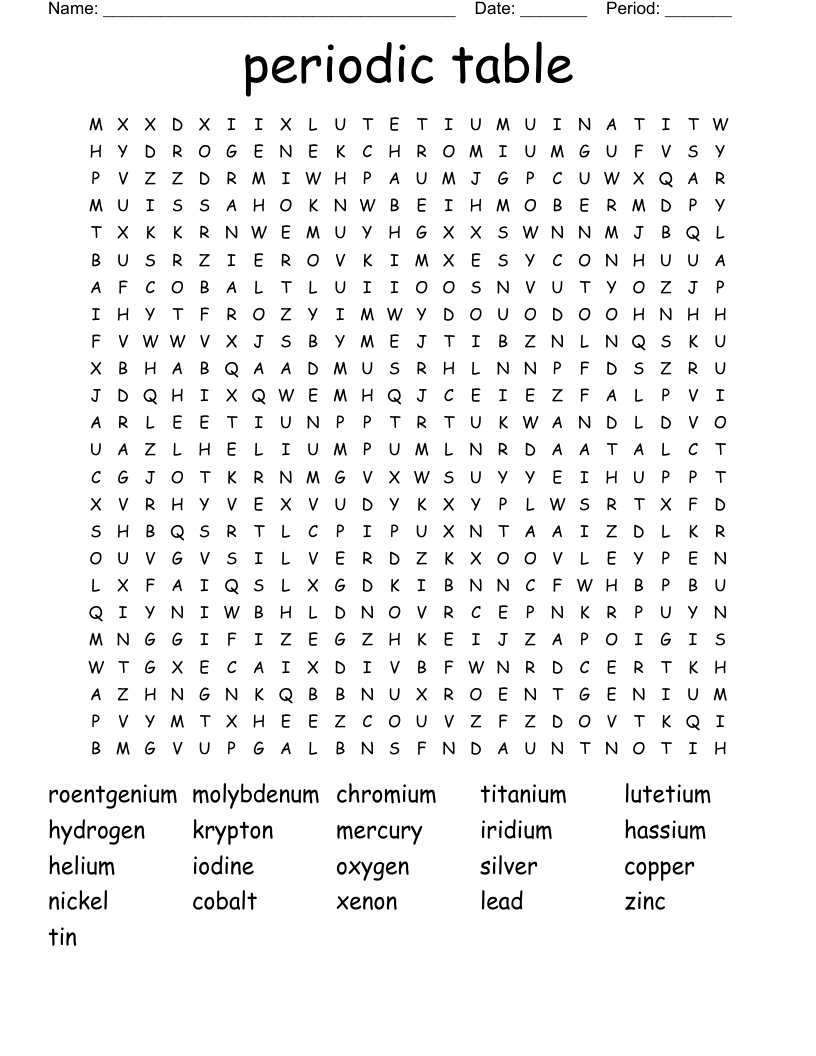 periodic table Word Search