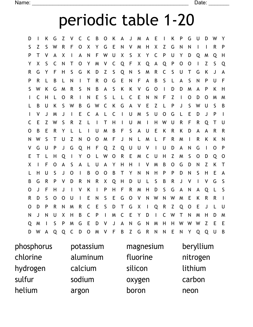 periodic table 1-20 Word Search
