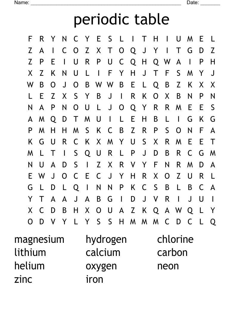 periodic table Word Search