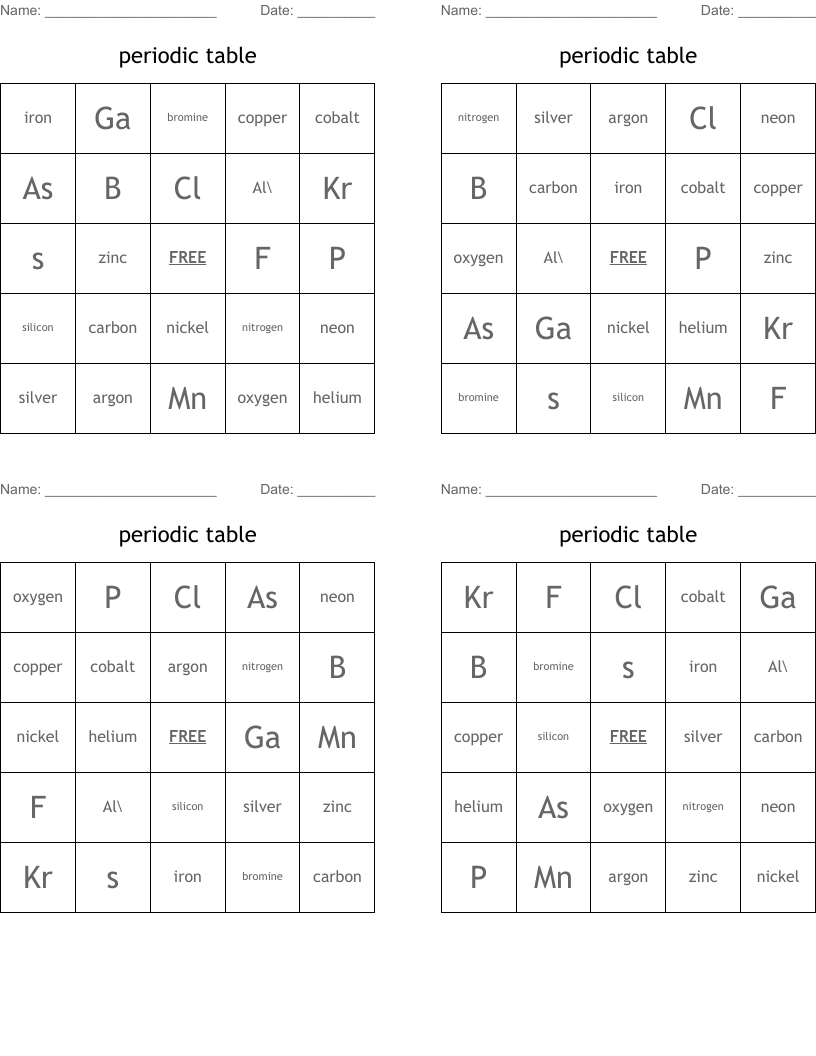 periodic table Bingo Cards