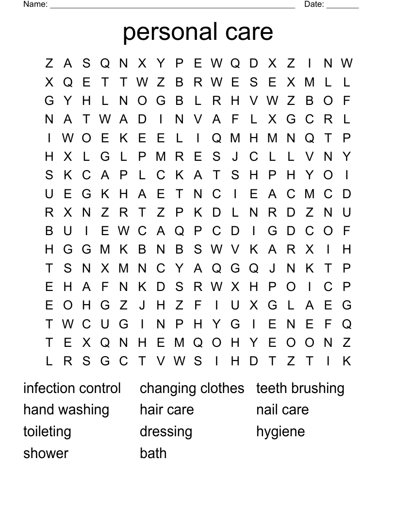 personal care Word Search