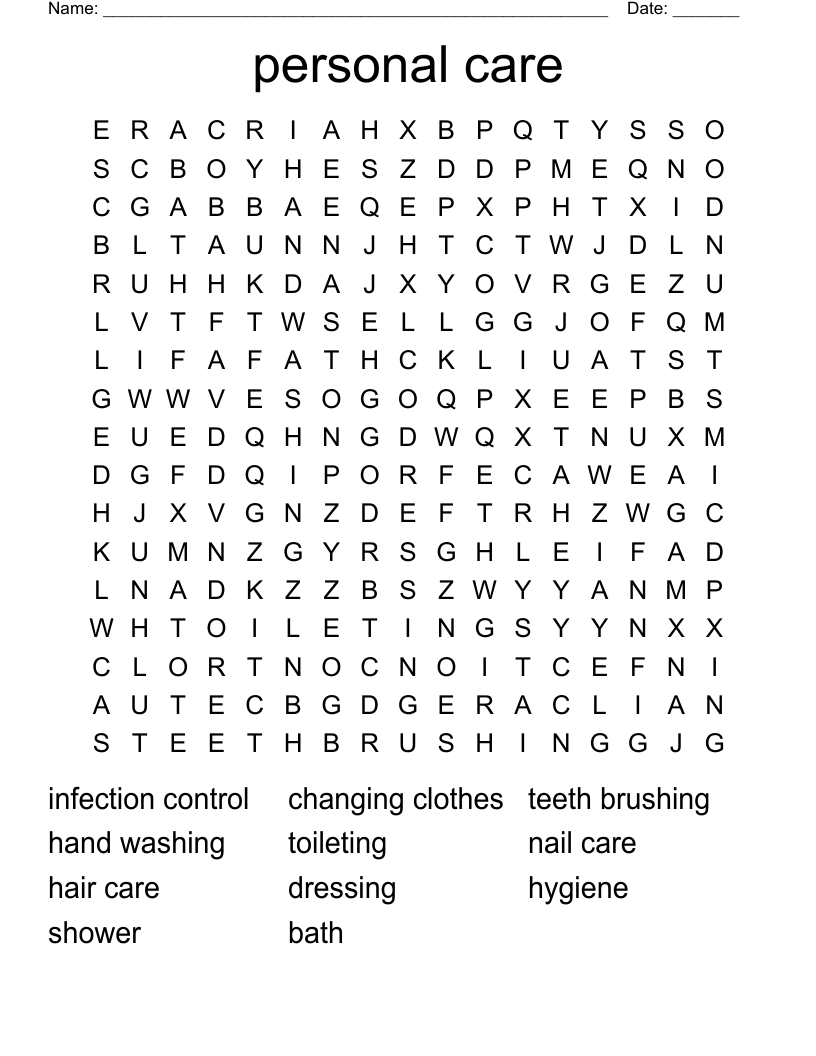 personal care Word Search