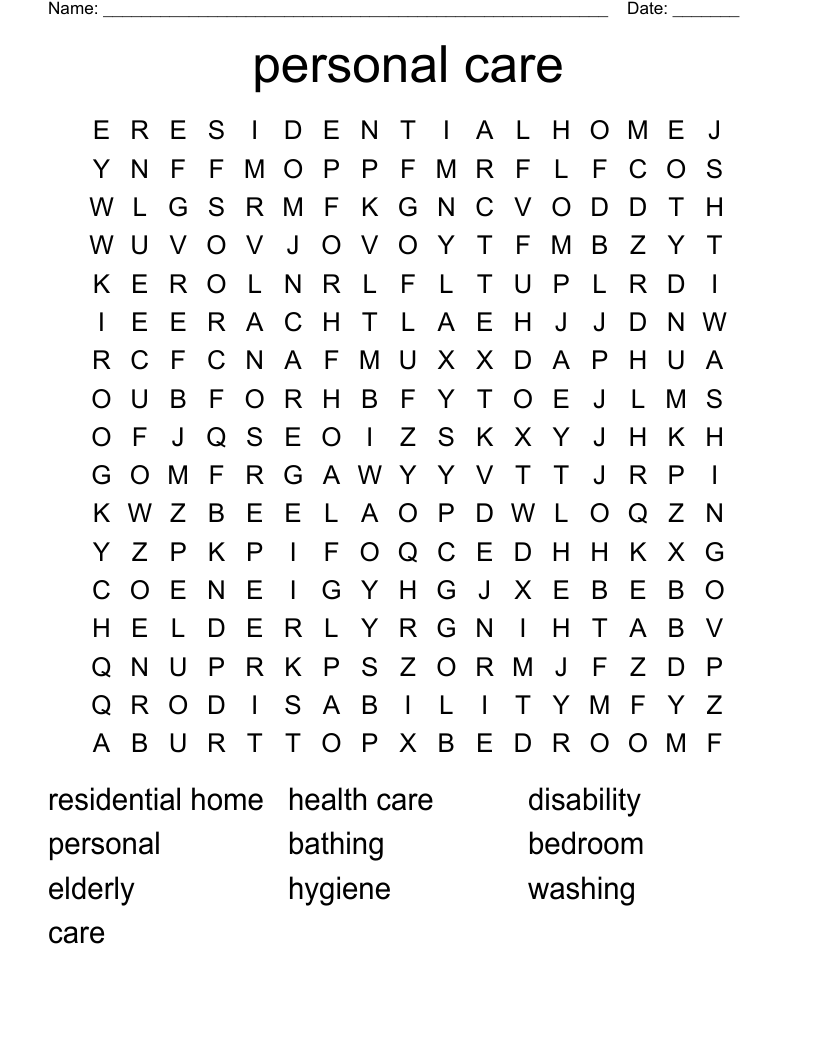 personal care  Word Search