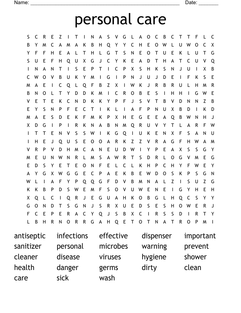 personal care  Word Search