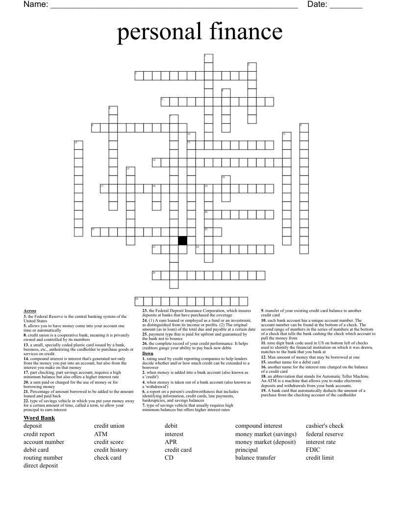 personal finance Crossword