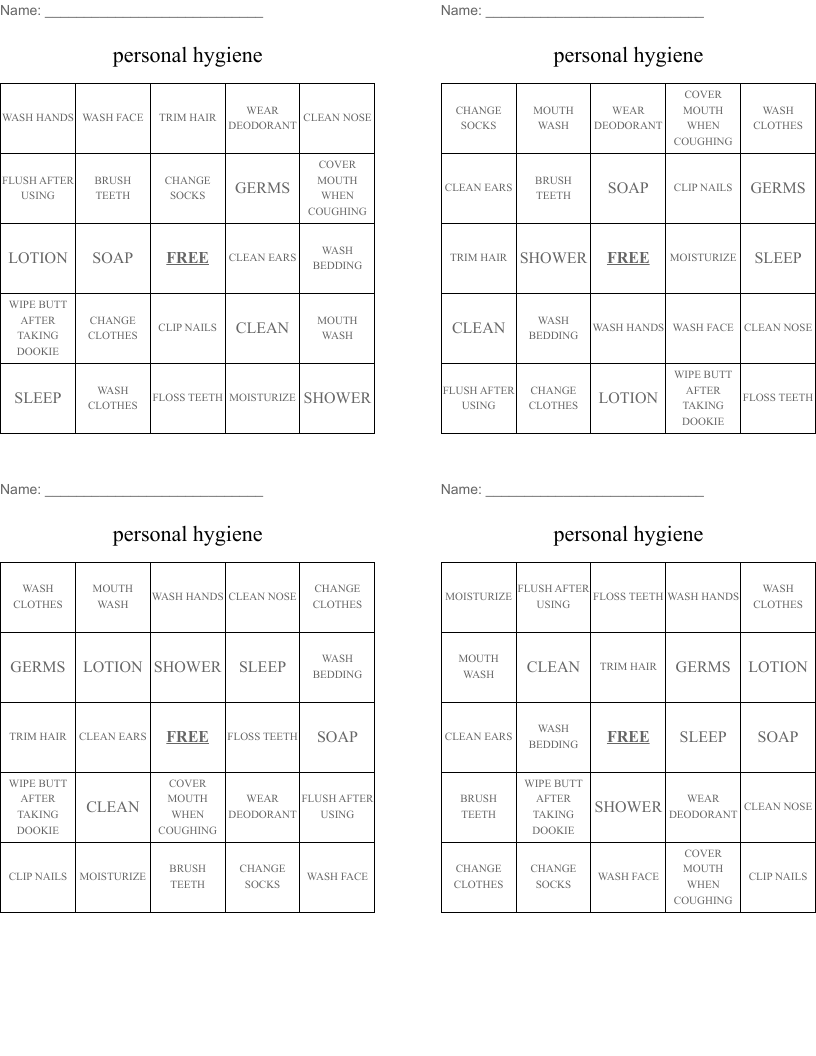 personal hygiene  Bingo Cards