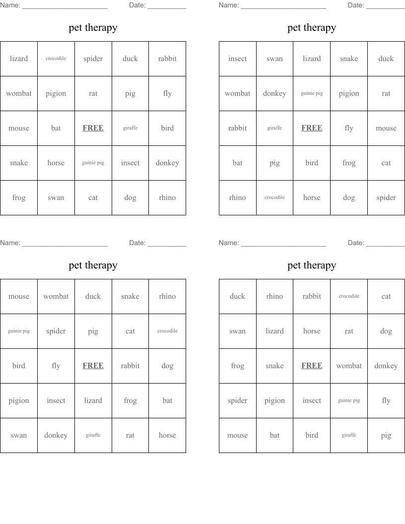 pet therapy Bingo Cards