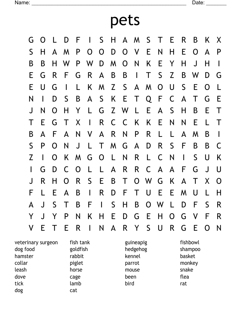 pets Word Search