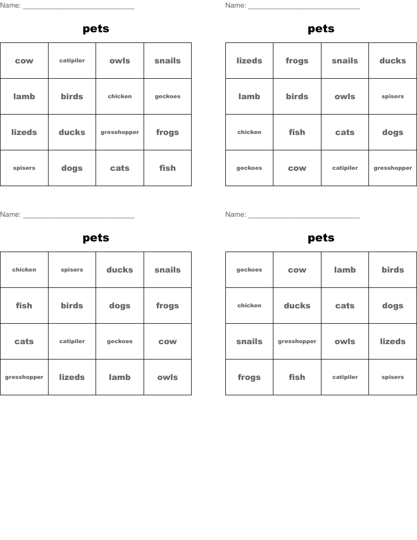 pets Bingo Cards