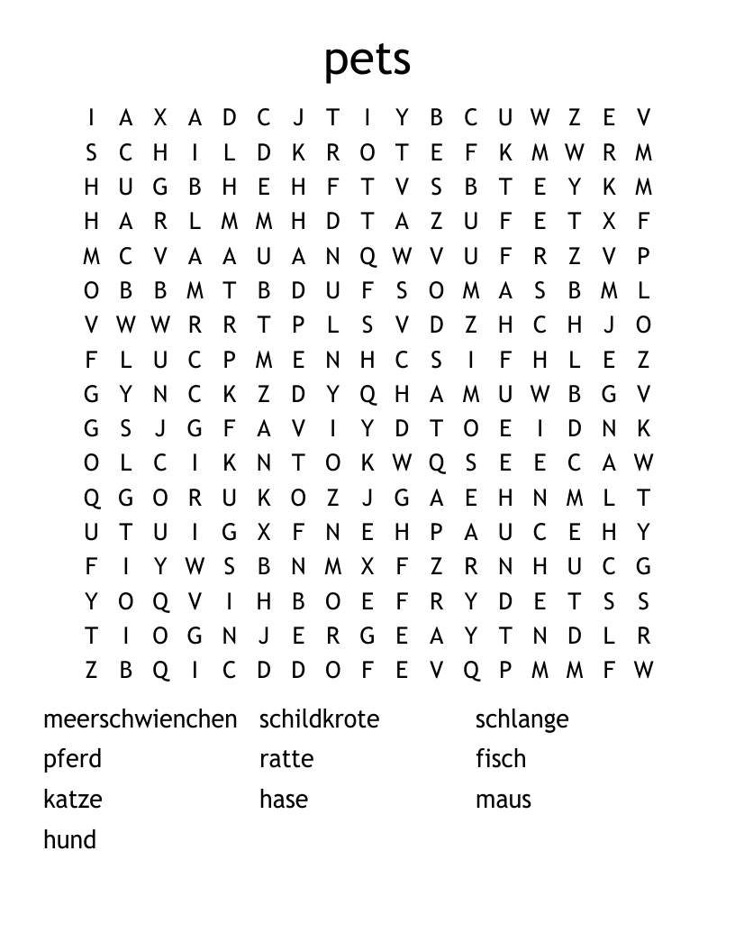 pets Word Search