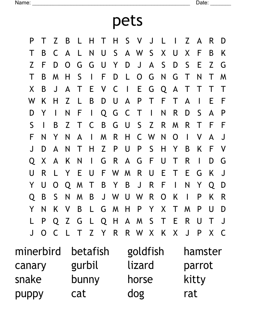 pets Word Search