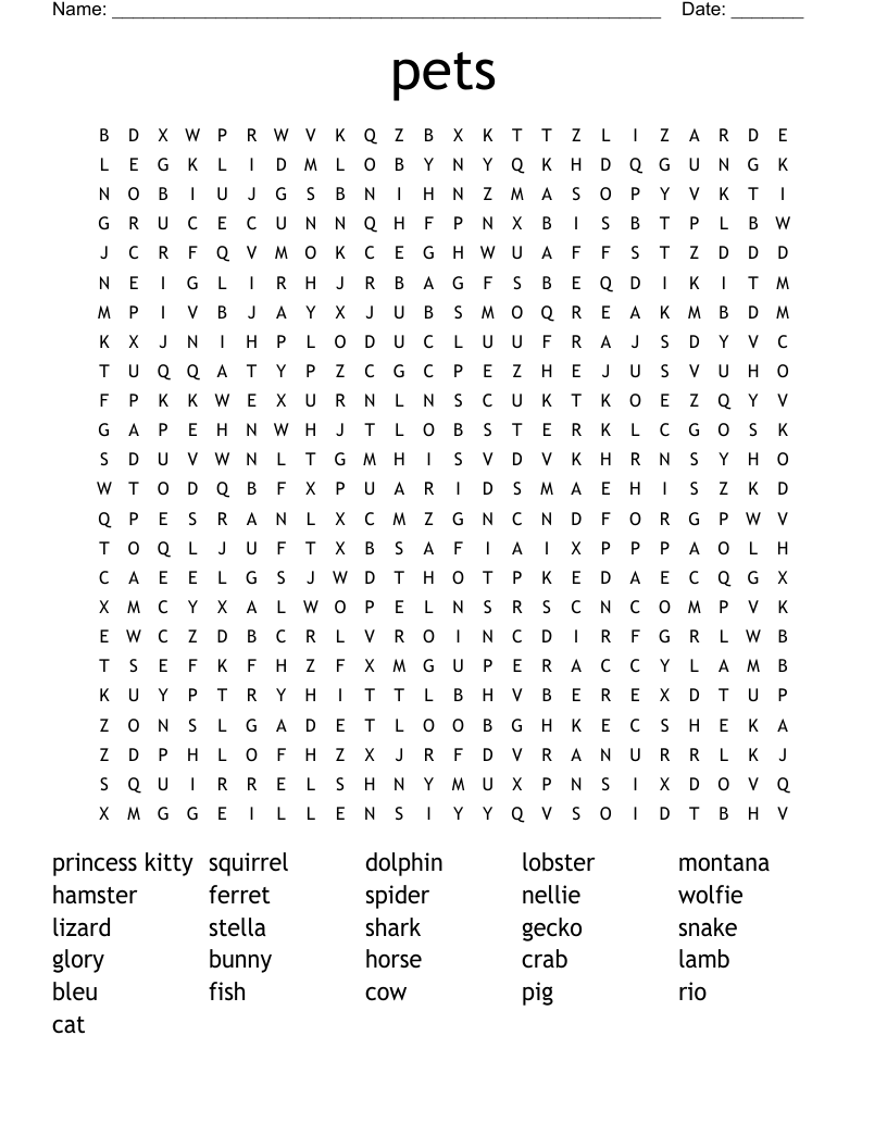 pets Word Search