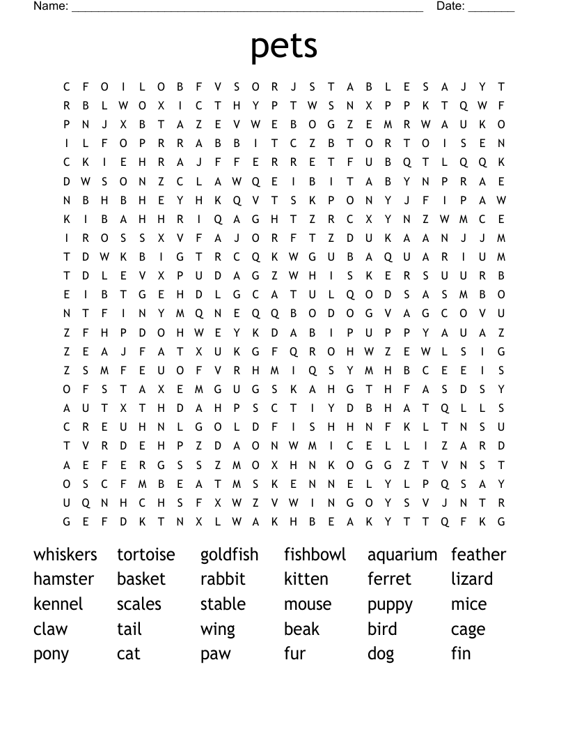 pets Word Search