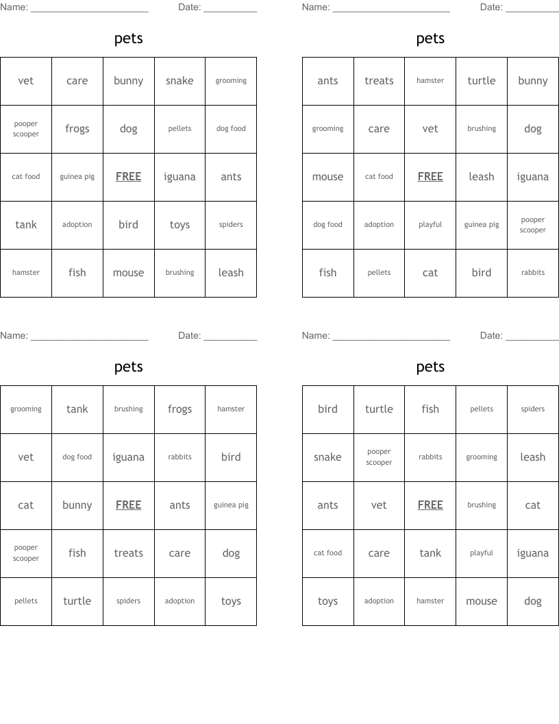 pets Bingo Cards