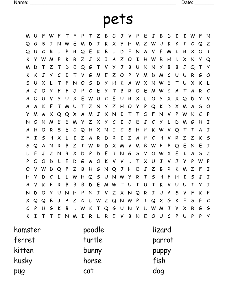pets Word Search