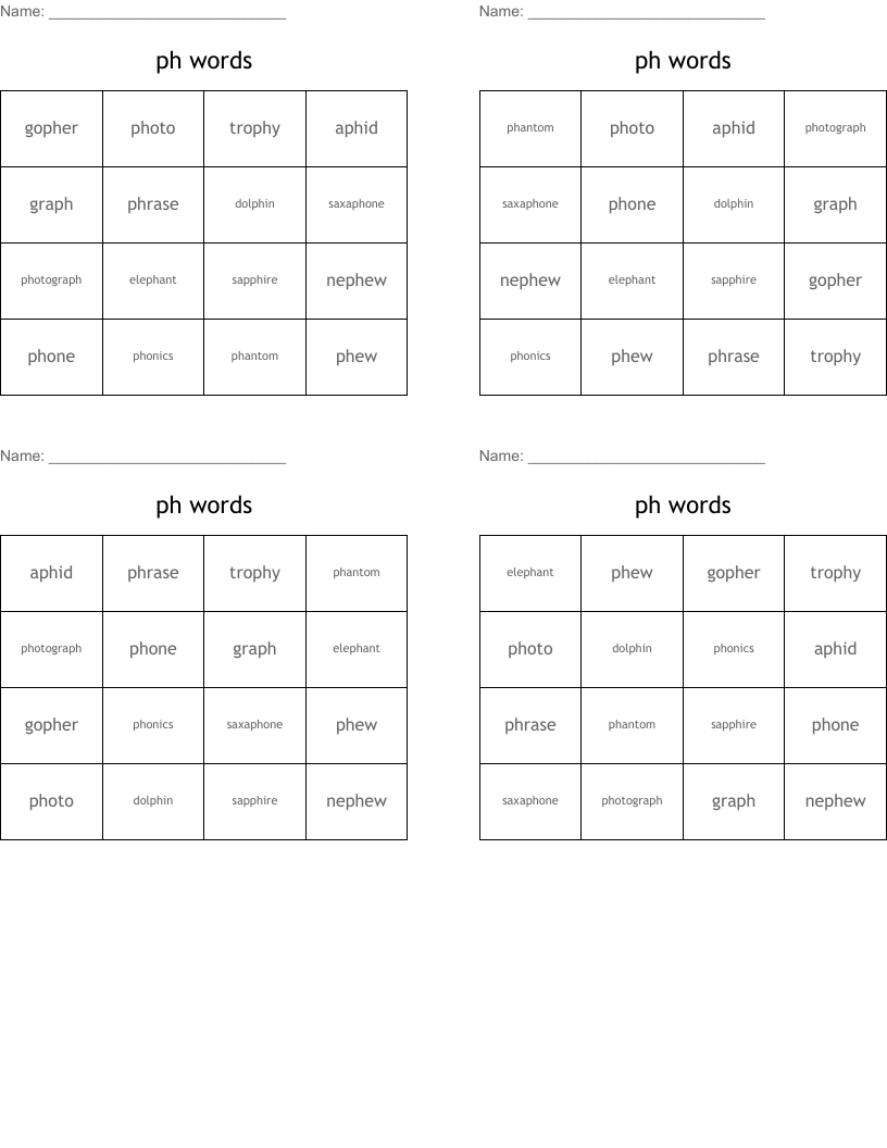 ph words Bingo Cards