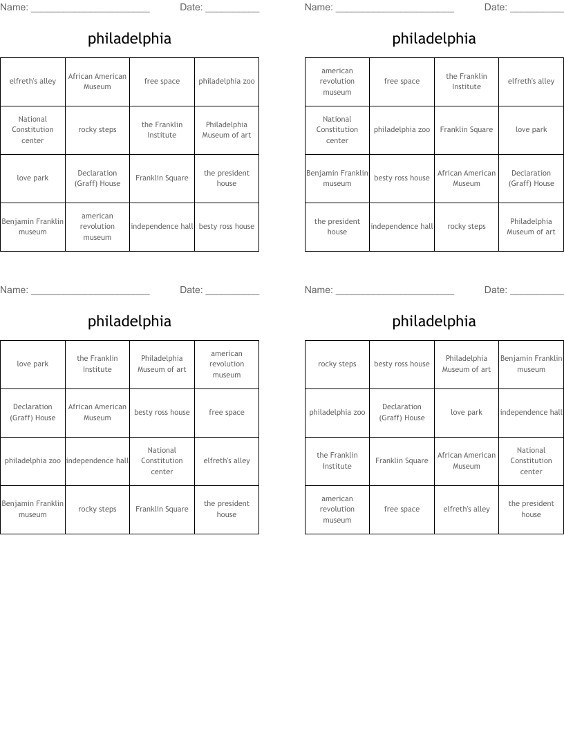 philadelphia Bingo Cards