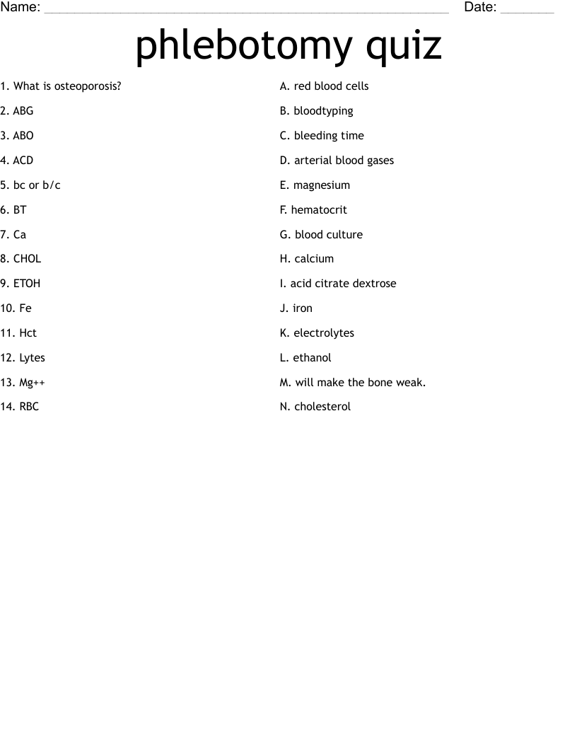 phlebotomy quiz Worksheet