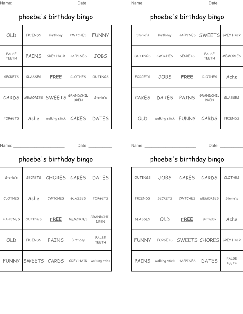 phoebe's birthday bingo