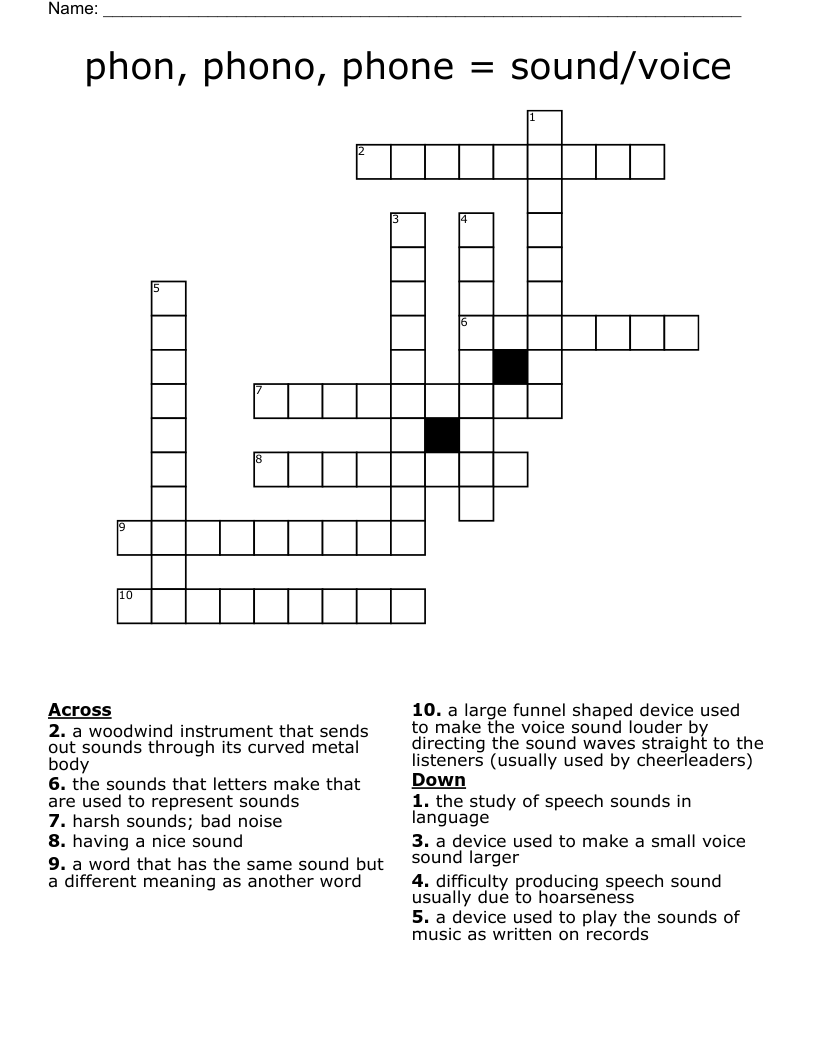 phon, phono, phone = sound/voice Crossword