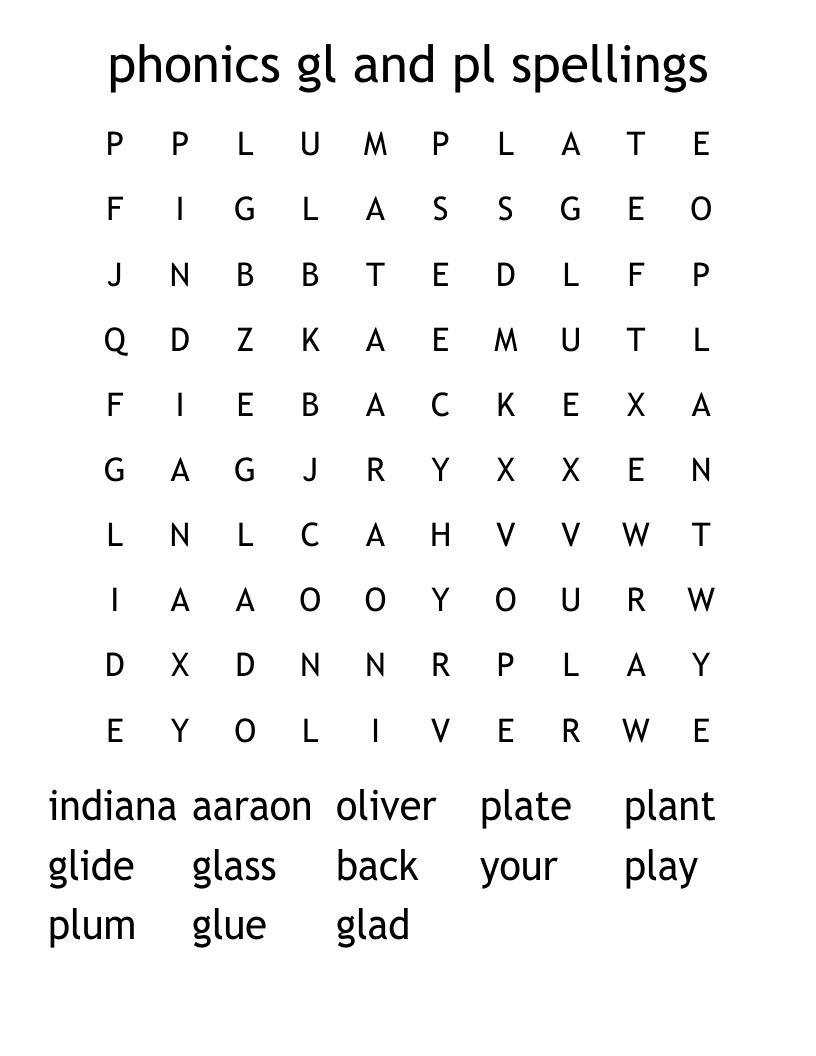 phonics  gl and pl spellings Word Search