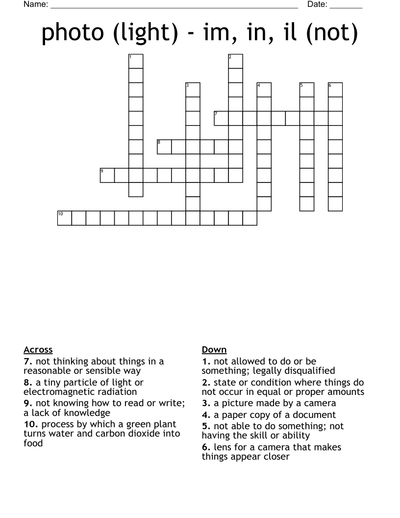 photo (light) - im, in, il (not) Crossword