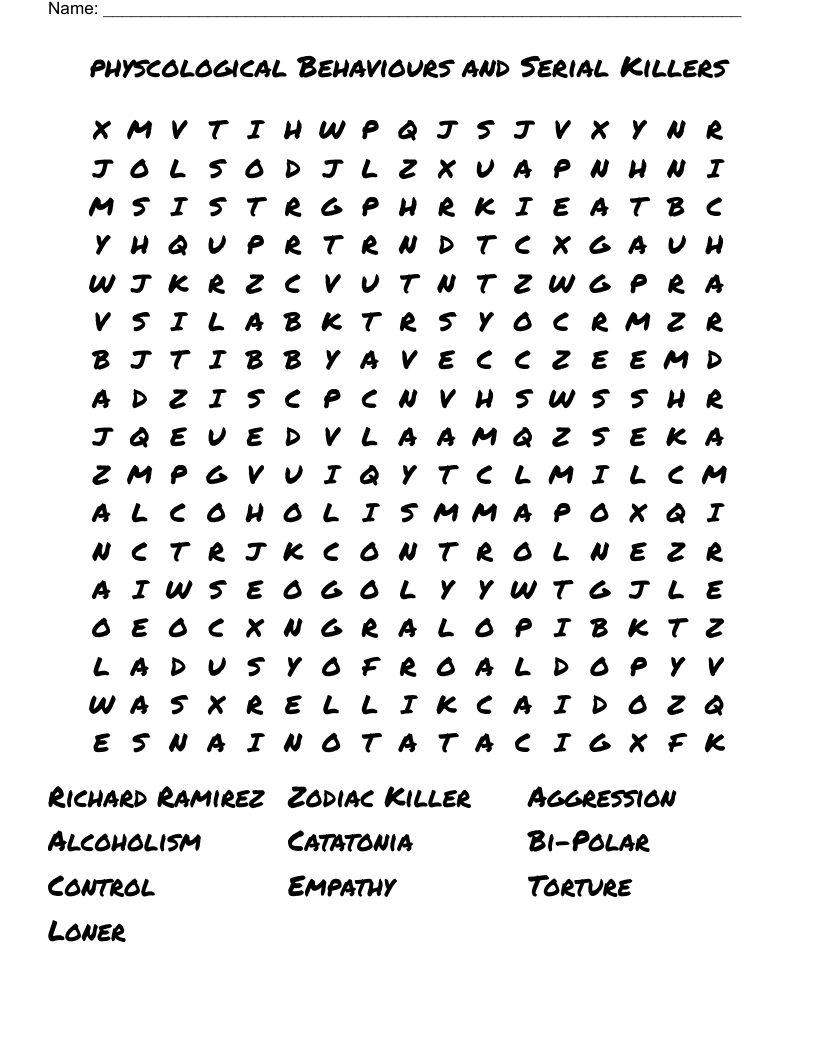 physcological Behaviours and Serial Killers  Word Search