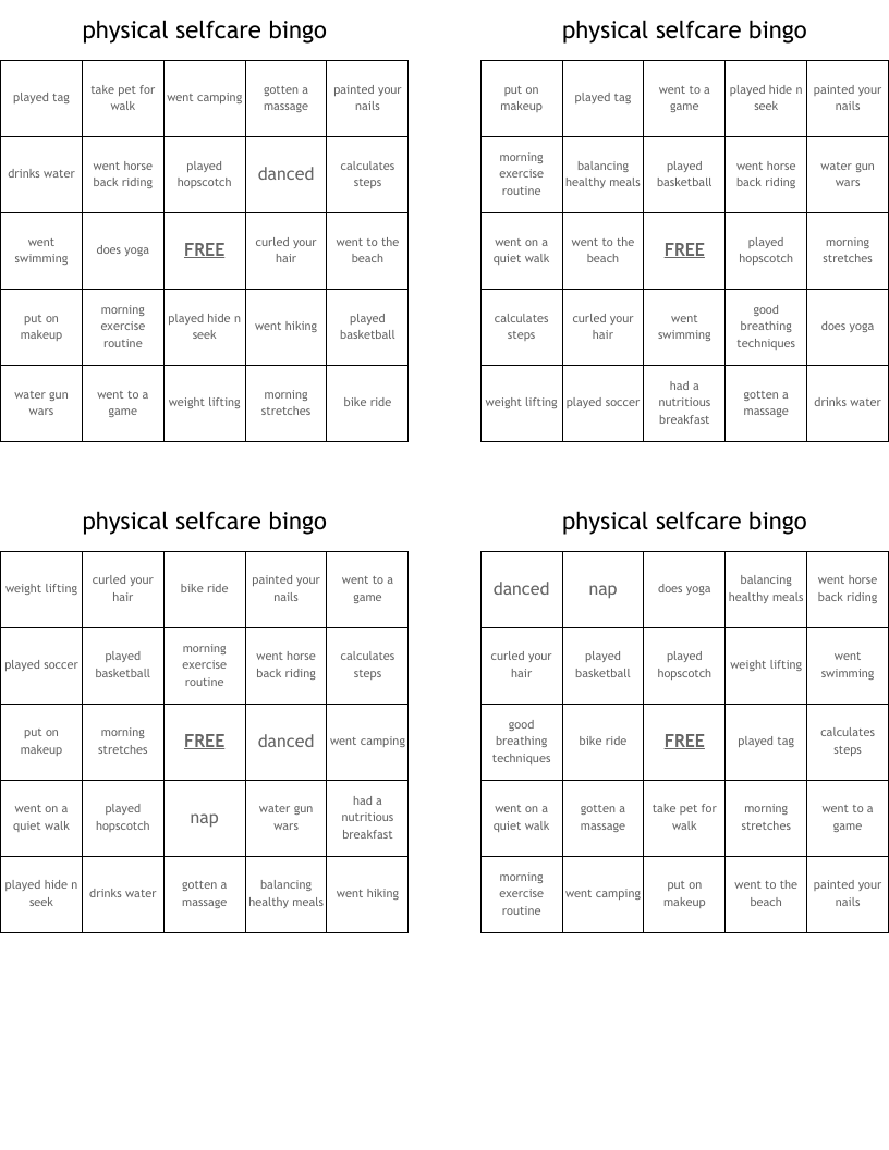 physical selfcare bingo