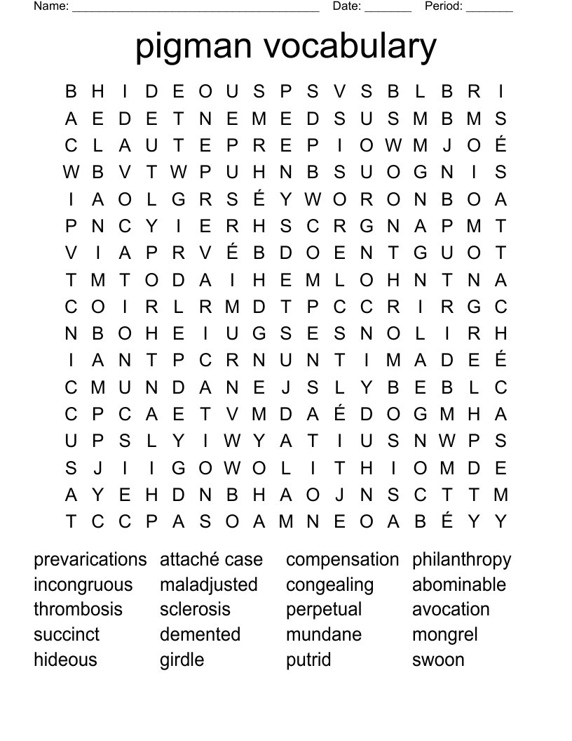pigman vocabulary Word Search