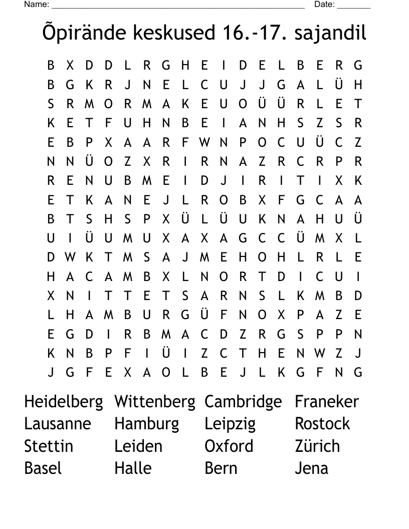 Õpirände keskused 16.-17. sajandil Word Search