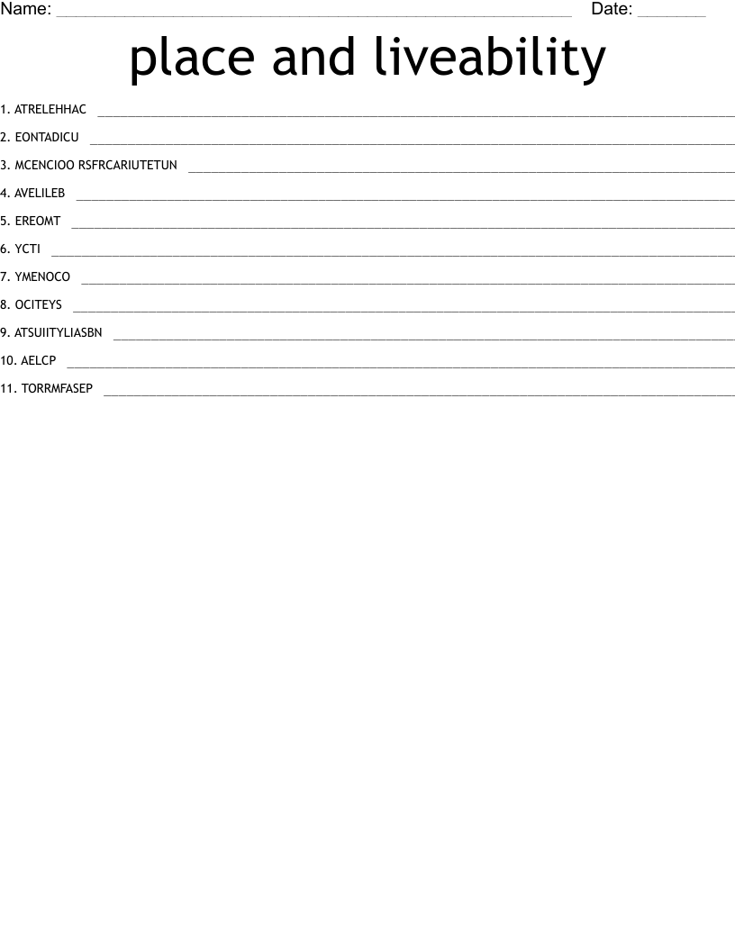 place and liveability Word Scramble