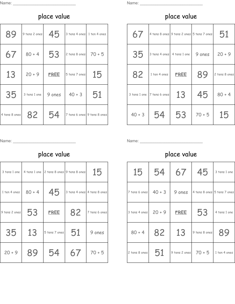 place value Bingo Cards