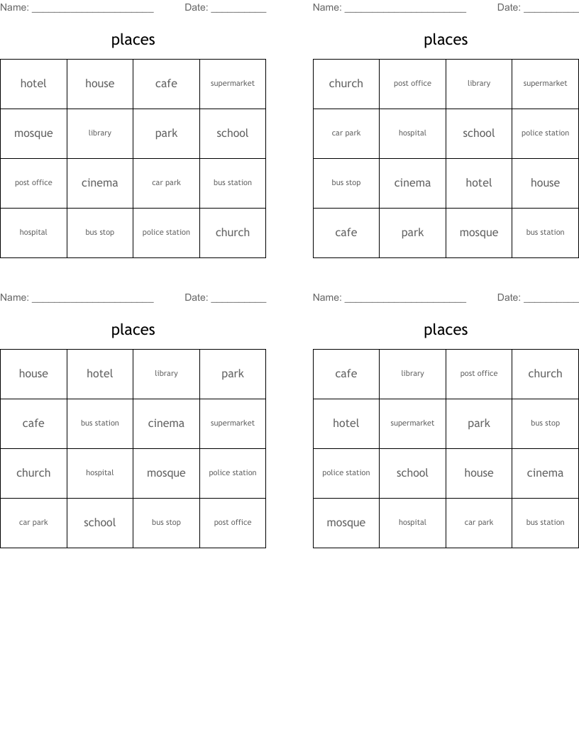 places Bingo Cards