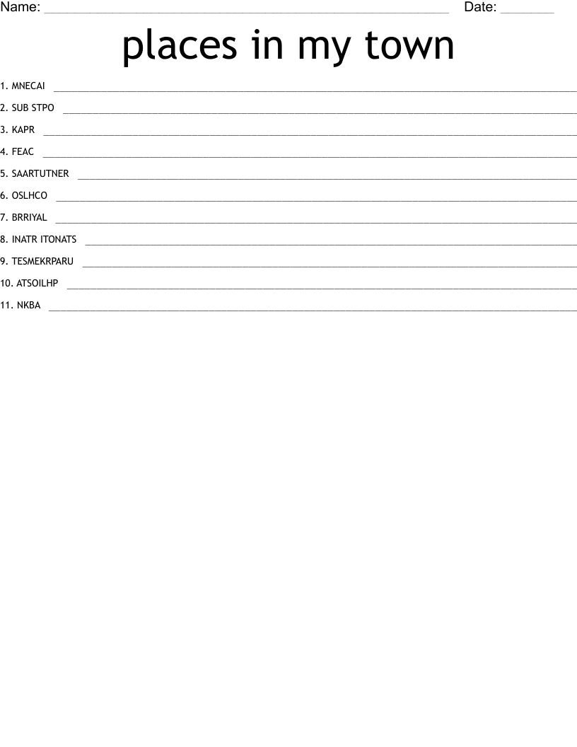 places in my town Word Scramble