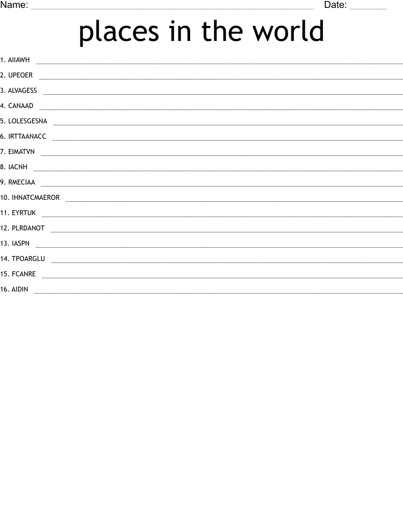 places in the world Word Scramble