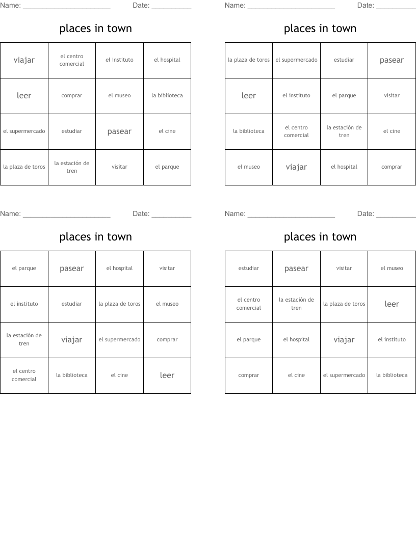 places in town Bingo Cards