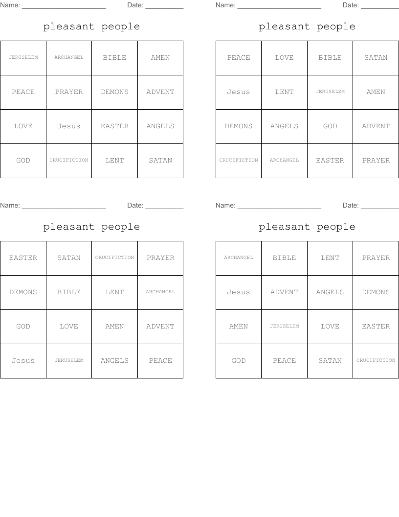 pleasant people Bingo Cards