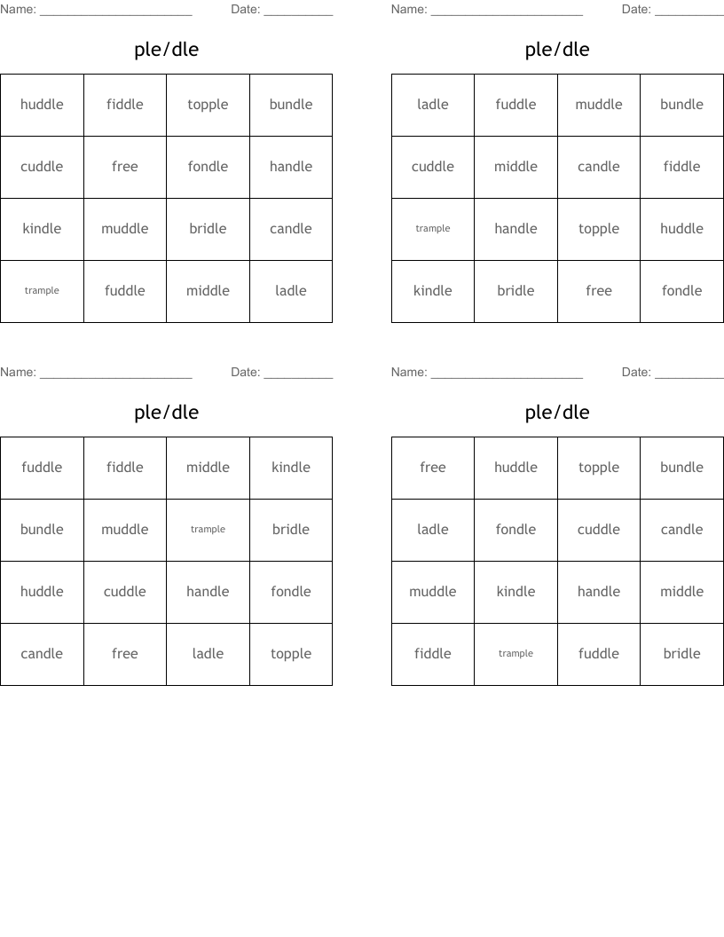 ple/dle Bingo Cards