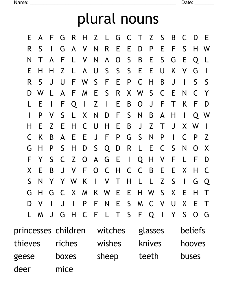 plural nouns Word Search