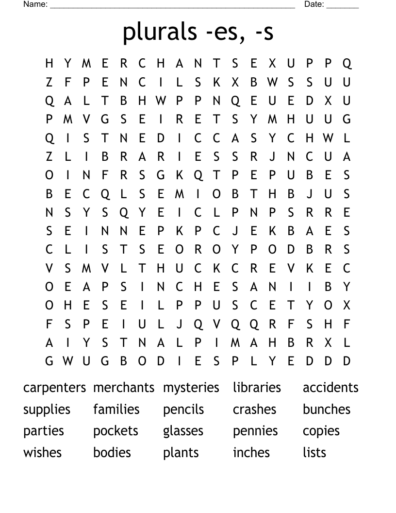 plurals  -es, -s Word Search