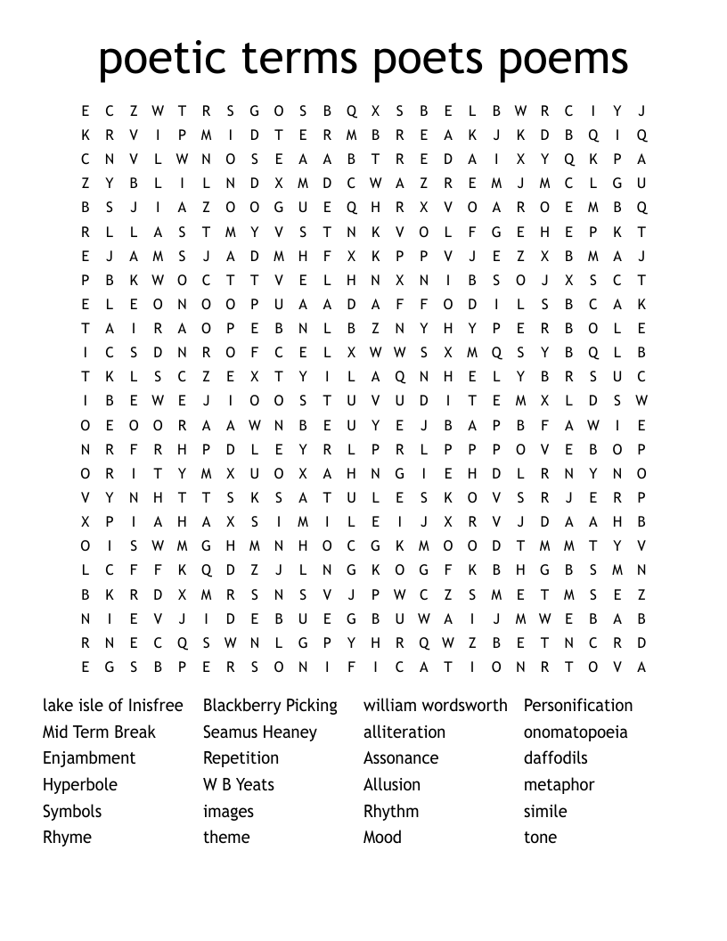 poetic terms poets poems Word Search