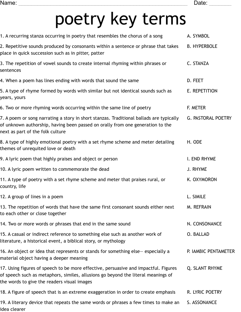 poetry key terms Worksheet