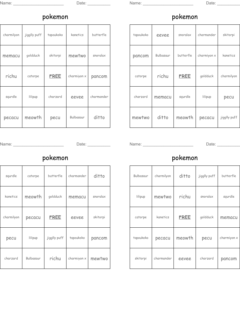 pokemon Bingo Cards