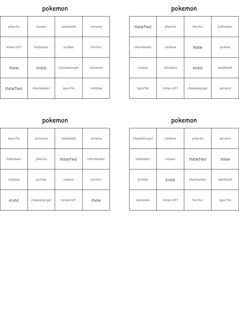 pokemon Bingo Cards