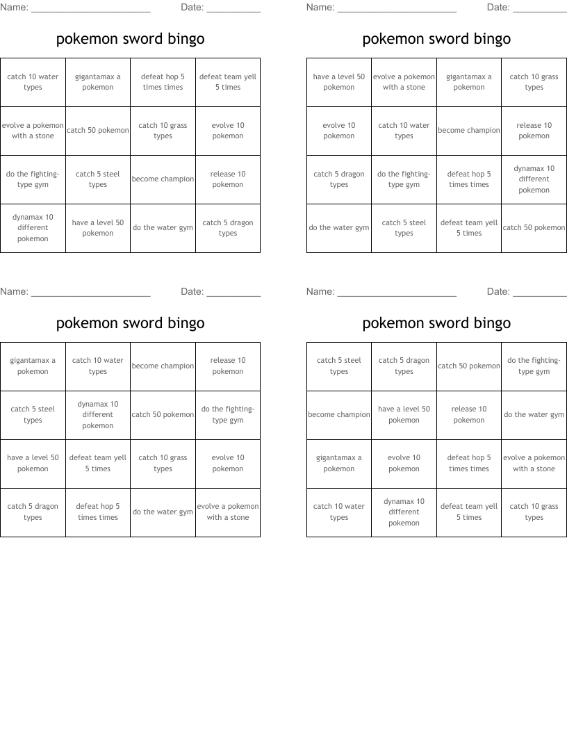 pokemon sword bingo