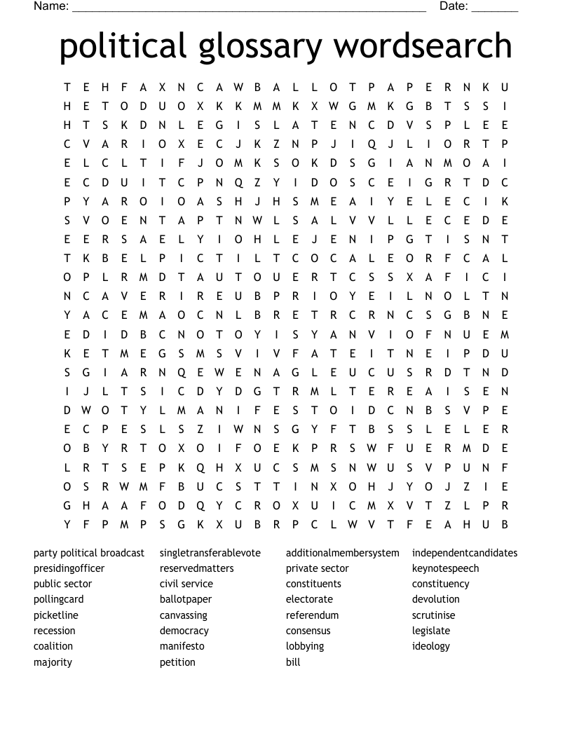 political glossary wordsearch