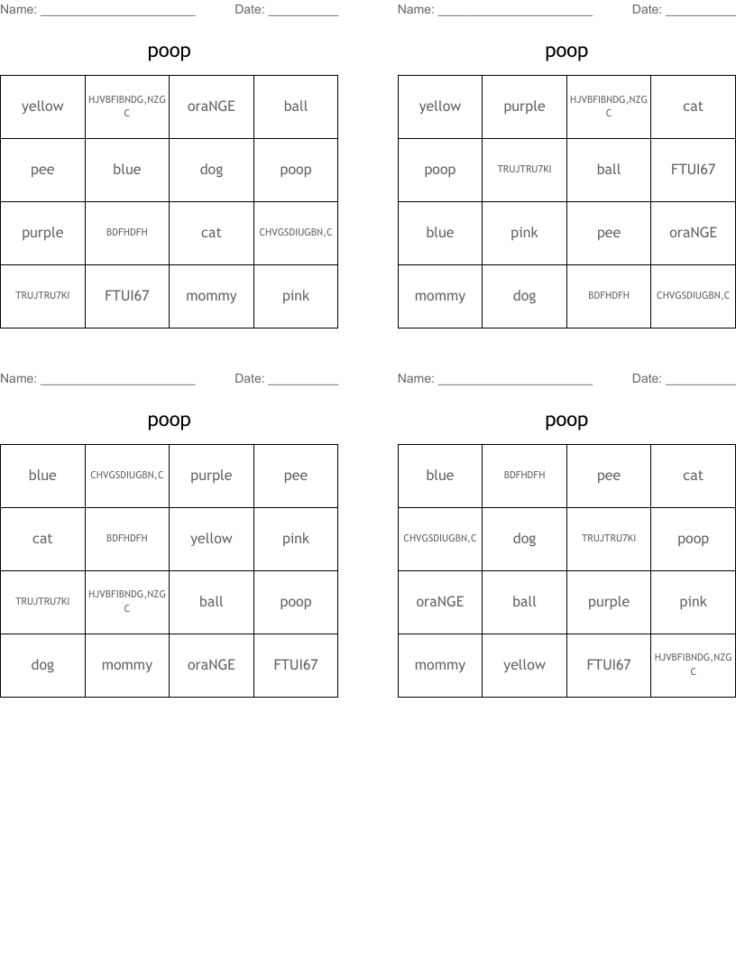 poop Bingo Cards