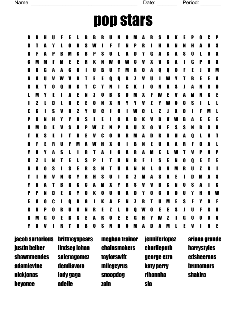 pop stars Word Search