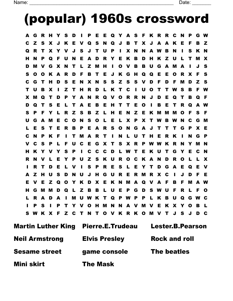 (popular) 1960s crossword Word Search