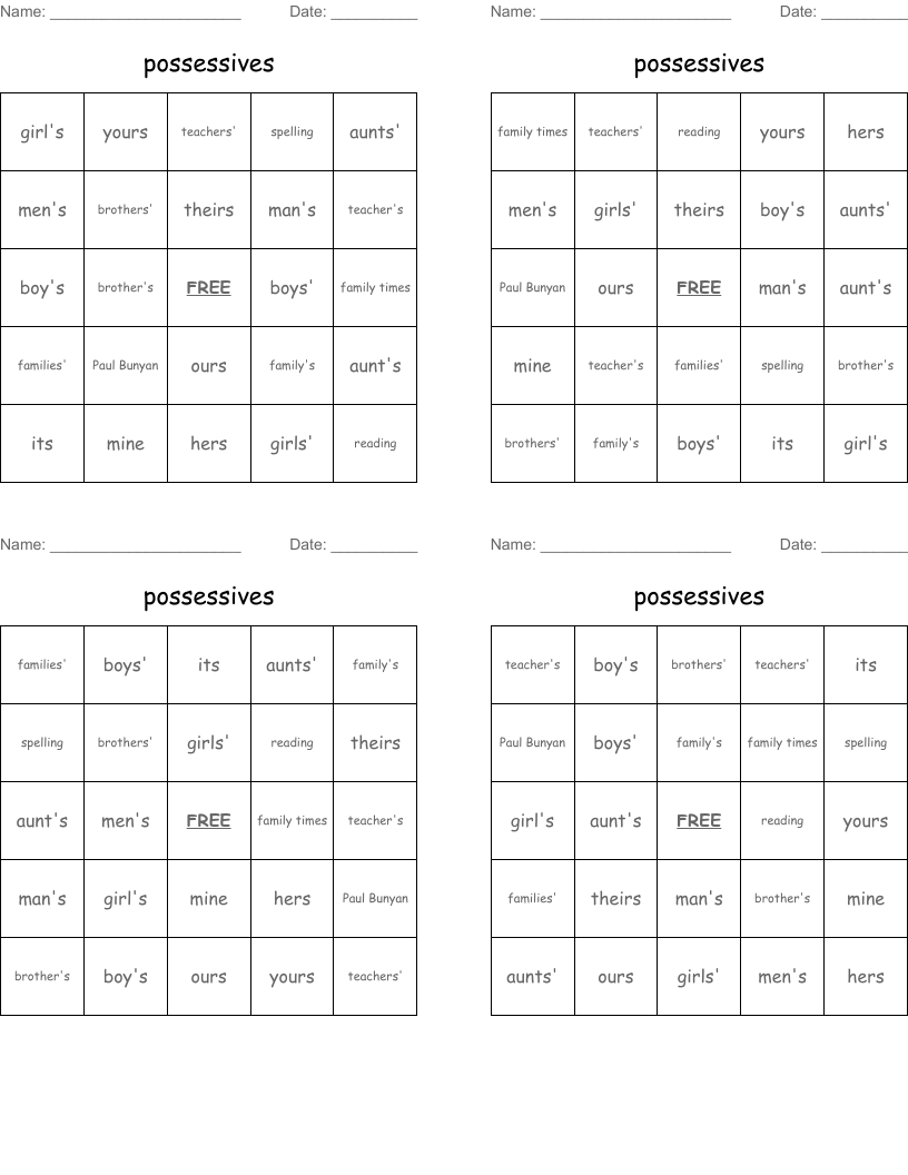 possessives Bingo Cards